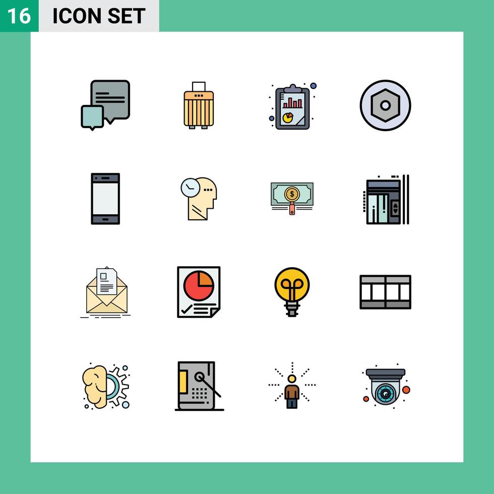 moderner Satz von 16 flachen, farbig gefüllten Linien Piktogramm des Ringkontaktberichts Anrufmutter editierbare kreative Vektordesign-Elemente vektor