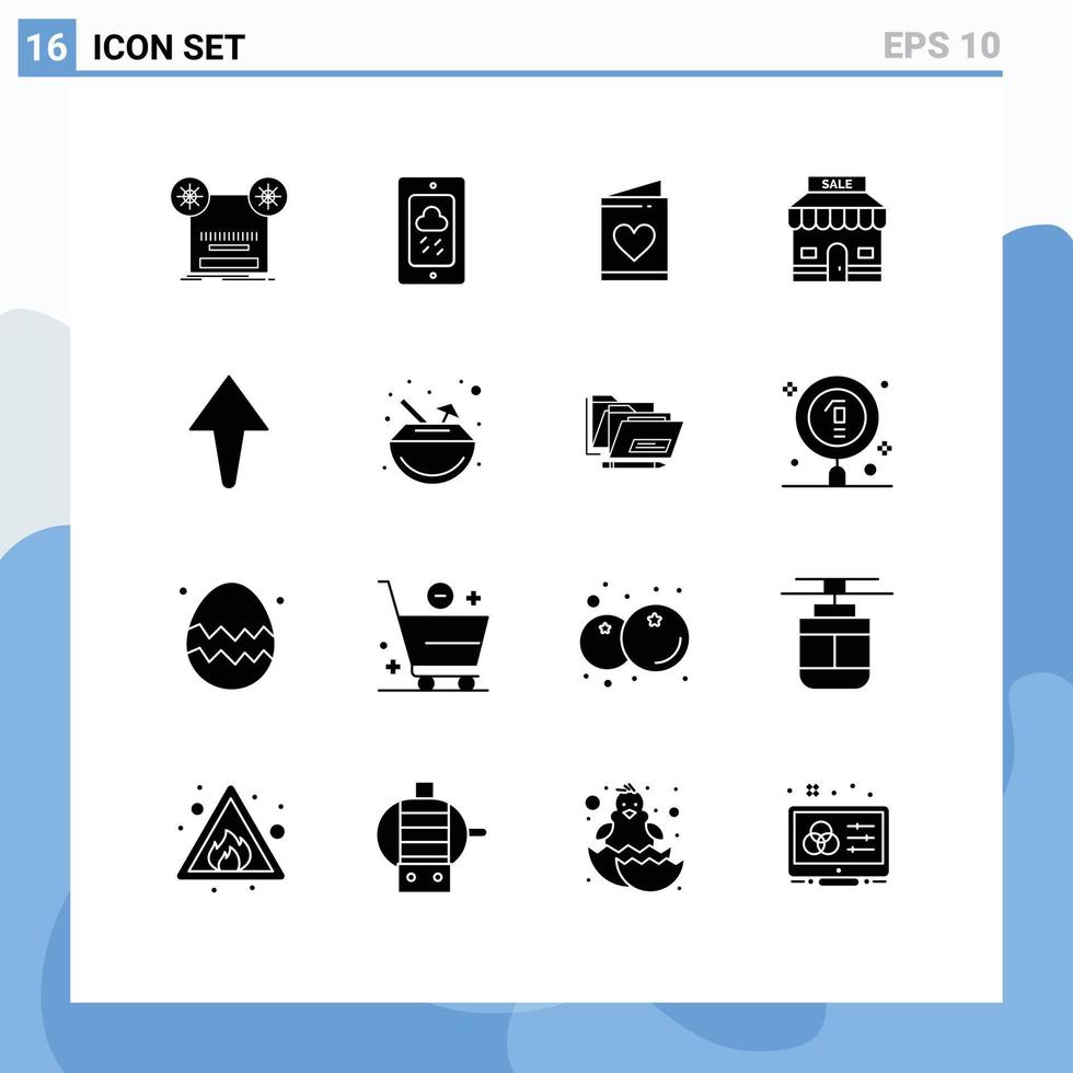 uppsättning av 16 kommersiell fast glyfer packa för pil affär regnig försäljning hjärta redigerbar vektor design element