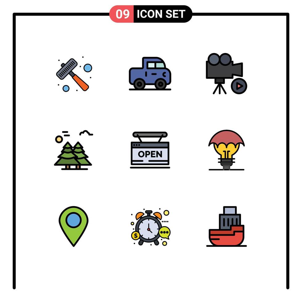 Stock Vector Icon Pack mit 9 Zeilen Zeichen und Symbolen für offene Kiefern Film Kanada alpine editierbare Vektordesign-Elemente