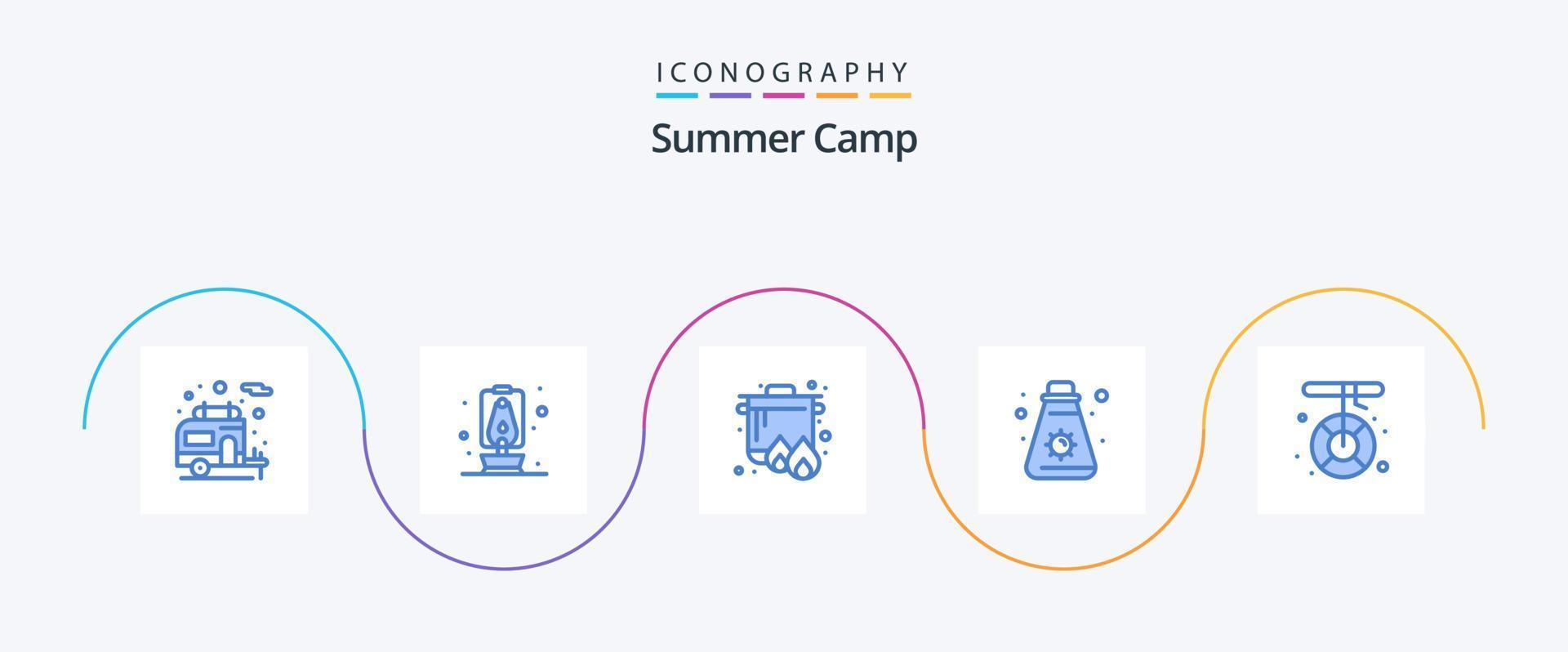 Summer Camp Blue 5 Icon Pack inklusive Melting. Camping. Kocher. Boot. Sonne vektor