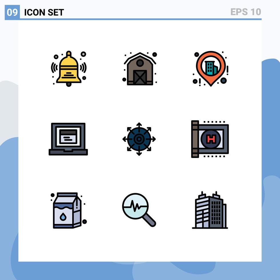 9 universell fylld linje platt Färg tecken symboler av sjukvård uppnå plats punkt hemsida redigerbar vektor design element