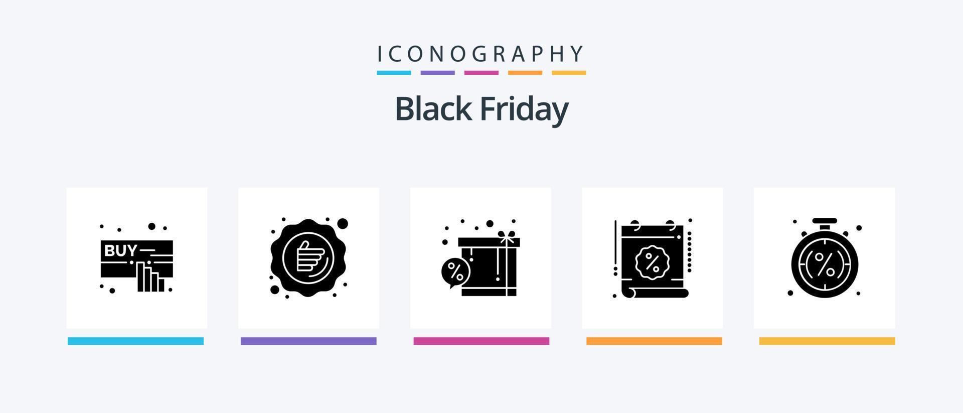 Black Friday Glyph 5 Icon Pack inklusive Sale. Prozent. Verkauf. Datum. Einkaufen. kreatives Symboldesign vektor