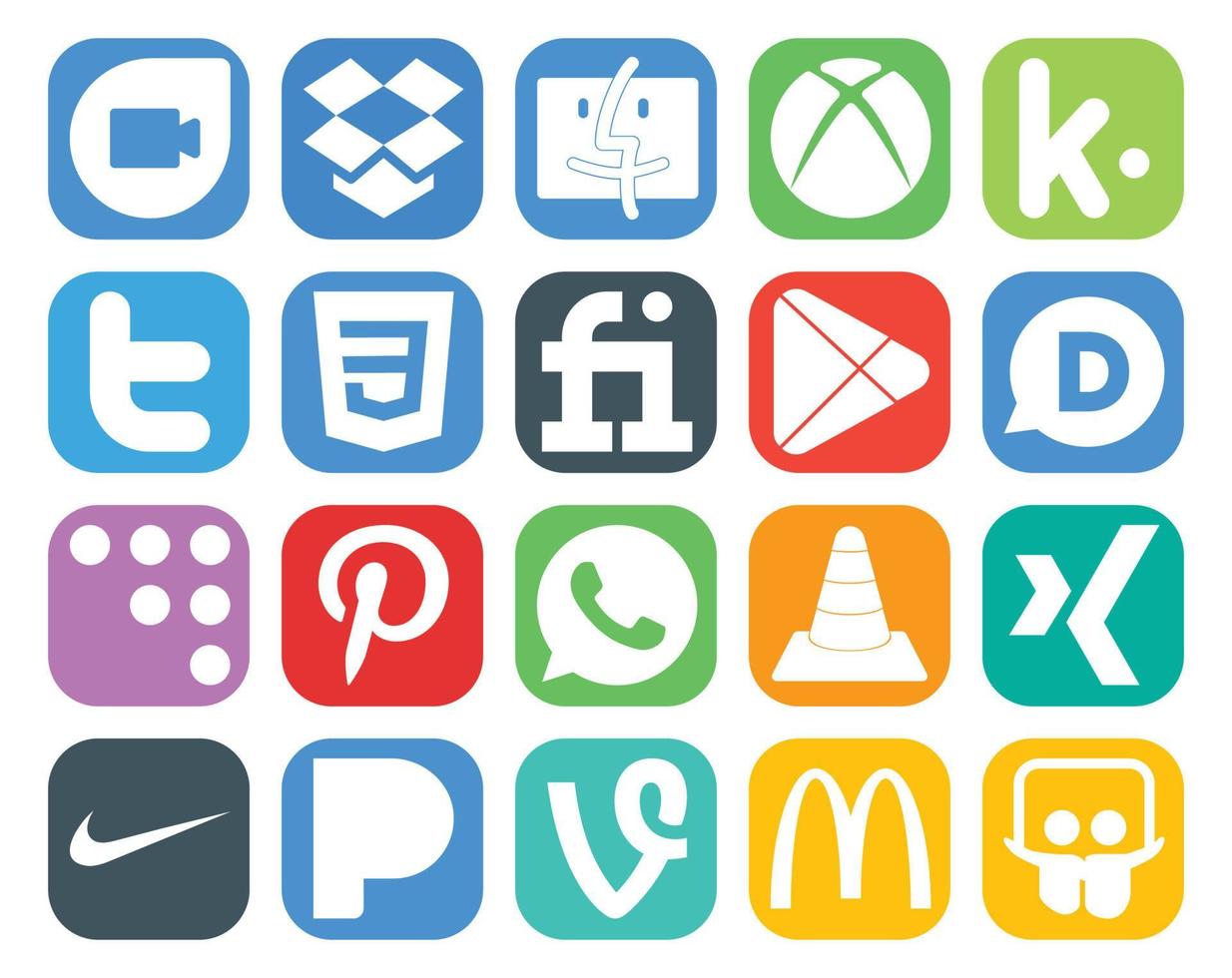 20 Social Media Icon Pack inklusive Player vlc fiverr whatsapp coderwall vektor