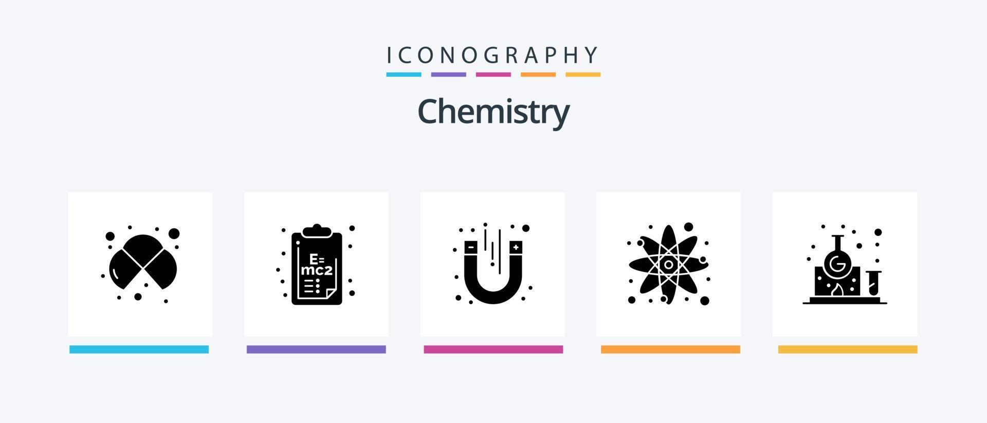 kemi glyf 5 ikon packa Inklusive atom. vetenskap. klämma styrelse. kemi. magnetisk. kreativ ikoner design vektor