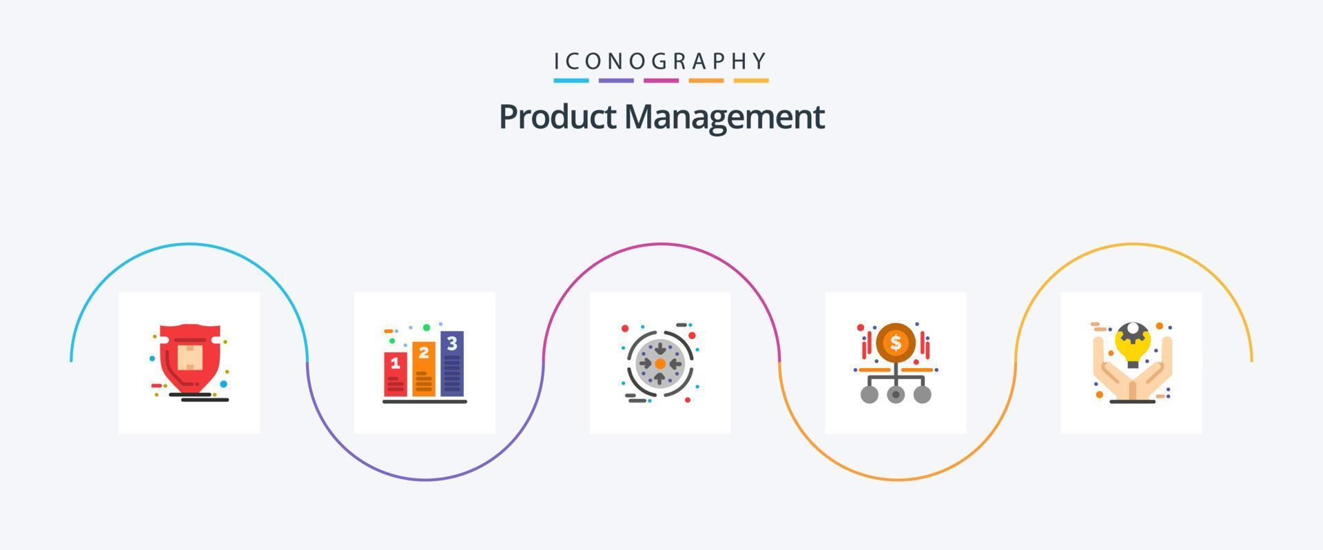 produkt förvaltning platt 5 ikon packa Inklusive produkt. pengar. faser. förstoring. produkt vektor