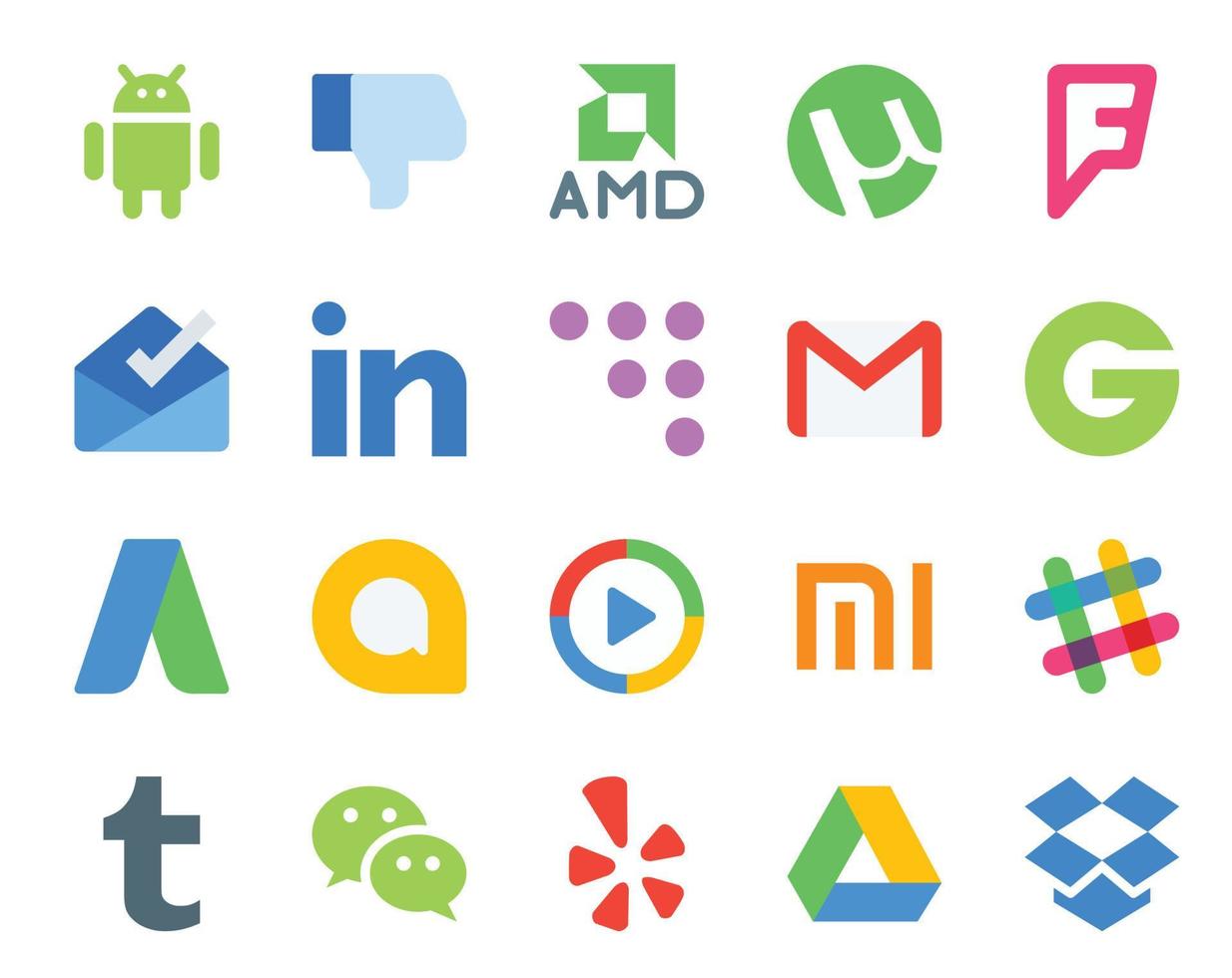 20 social media ikon packa Inklusive slak video gmail fönster media spelare adwords vektor