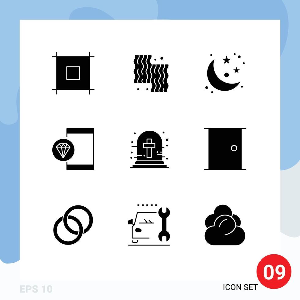 Aktienvektor-Symbolpaket mit 9 Zeilenzeichen und Symbolen für Friedhofskreuz-Entwicklungsmond entwickeln bearbeitbare Vektordesign-Elemente für Apps vektor