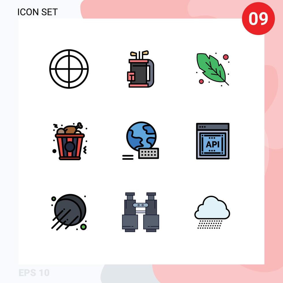 9 universell fylld linje platt färger uppsättning för webb och mobil tillämpningar marknadsföring värld pinne kyckling snabb mat redigerbar vektor design element