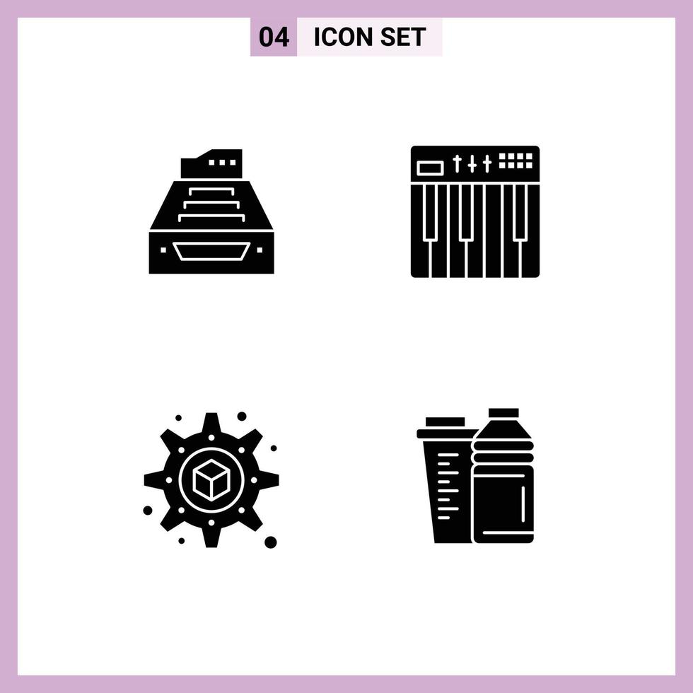 solides Glyphenpaket mit 4 universellen Symbolen für Dateien, Tastatur, Datenspeicherung, Musik, editierbare Vektordesign-Elemente vektor