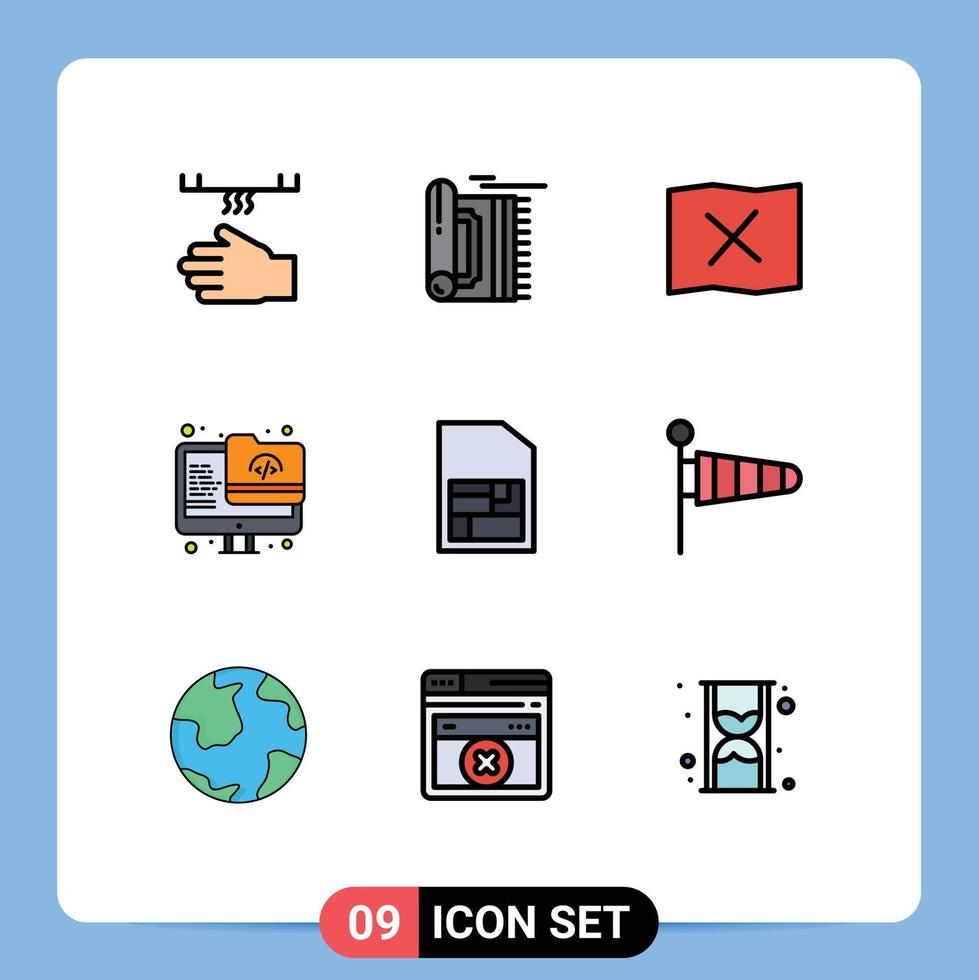 Gruppe von 9 modernen Filledline-Flachfarben, die für mobile Sim-Monitore festgelegt wurden, beten Ordner platzieren editierbare Vektordesign-Elemente vektor