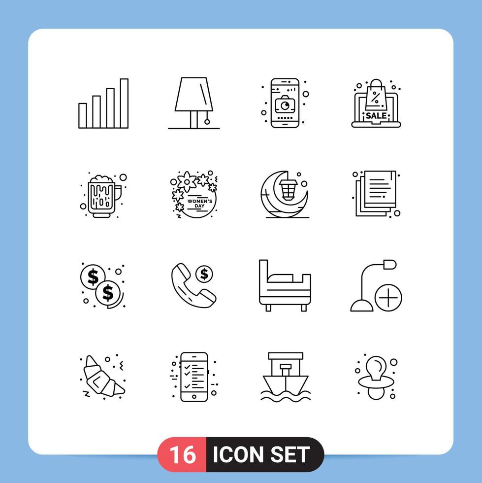 Aktienvektor-Icon-Pack mit 16 Zeilenzeichen und Symbolen für Bierverkaufsblitze bieten Rabatt editierbare Vektordesign-Elemente vektor