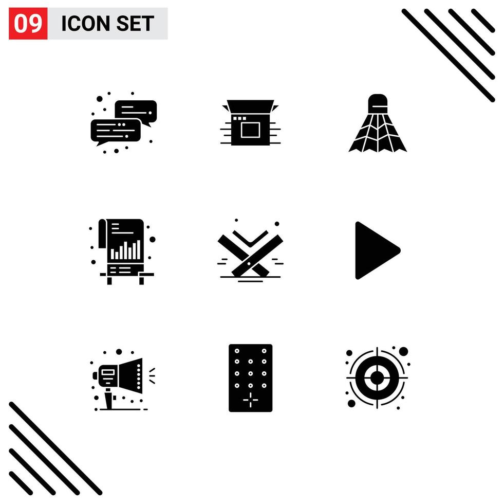 piktogrammsatz von 9 einfachen soliden glyphen der heiligen datei badmintonliste diagramm editierbare vektordesignelemente vektor