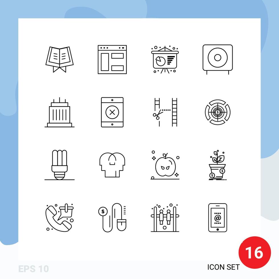 uppsättning av 16 modern ui ikoner symboler tecken för landmärken byggnader konferens affisch subwoofer elektronik redigerbar vektor design element