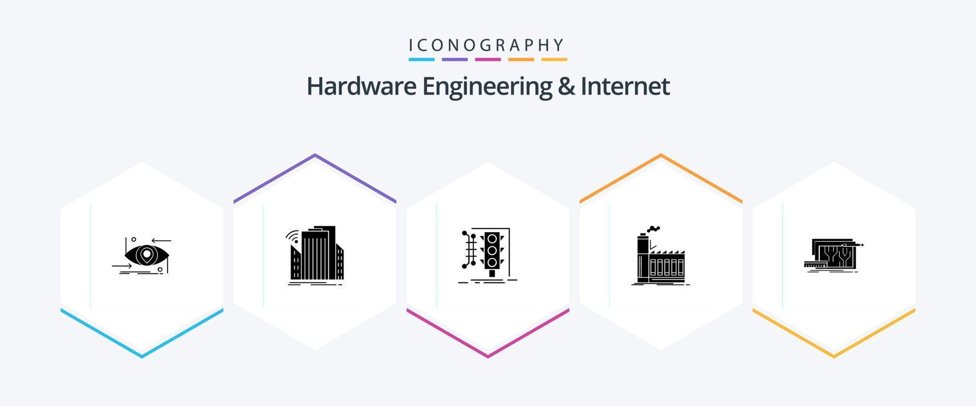 hårdvara teknik och internet 25 glyf ikon packa Inklusive industri. fabrik. smart. trafik. övervakning vektor