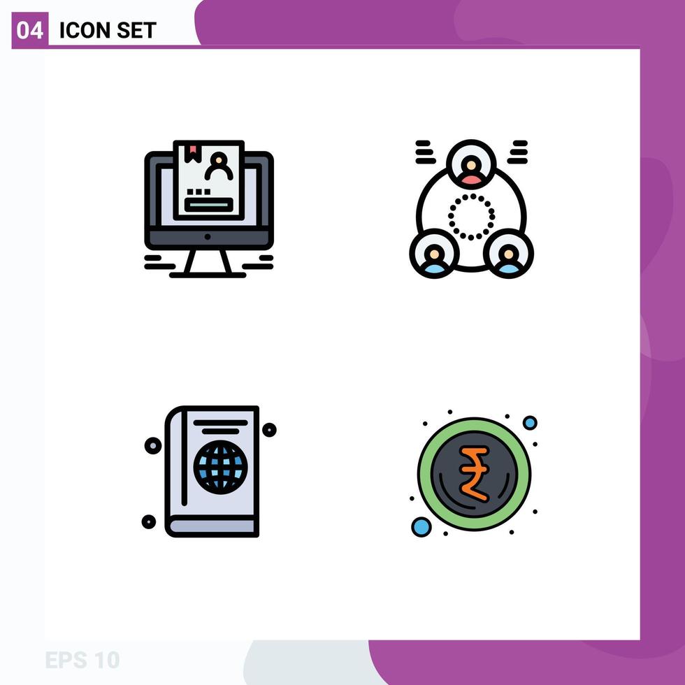 4 universelle Filledline-Flachfarben für Web- und mobile Anwendungen setzen editierbare Vektordesign-Elemente für Pass-Computer-Mitarbeiter-Cover vektor