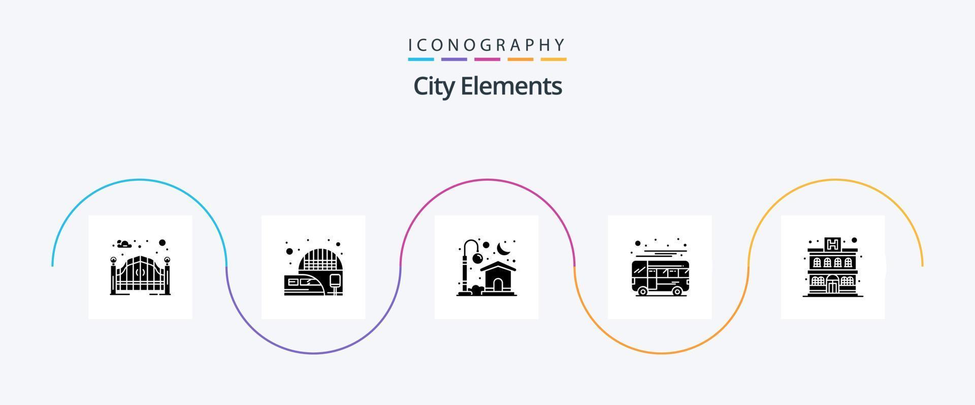 City Elements Glyph 5 Icon Pack inklusive Wohnung. lokal. Heimat. Trainer. Autobus vektor