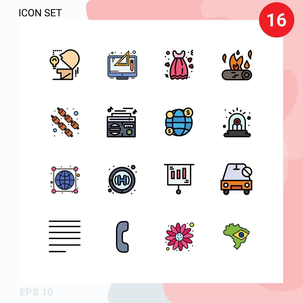 mobil gränssnitt platt Färg fylld linje uppsättning av 16 piktogram av brand läger brand tänkande bål klänning redigerbar kreativ vektor design element