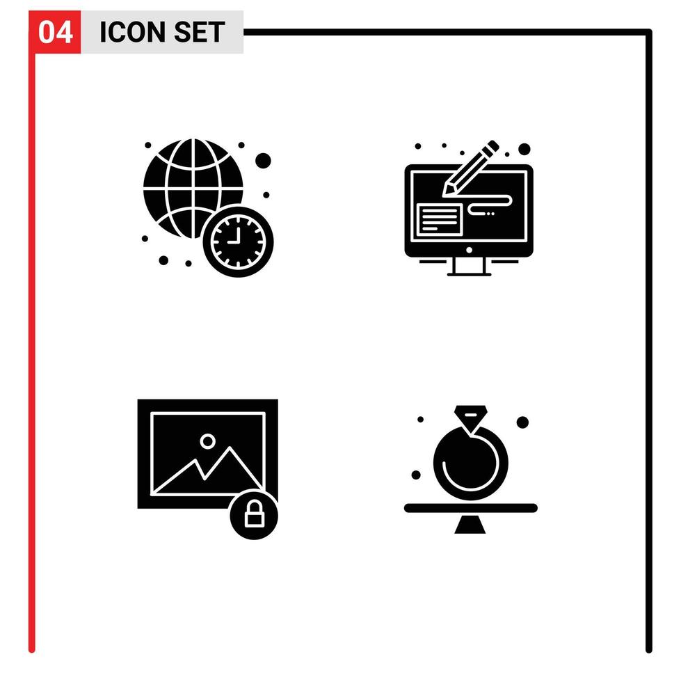 4 universell fast glyfer uppsättning för webb och mobil tillämpningar klocka låsa värld Nyheter grafisk närvarande redigerbar vektor design element