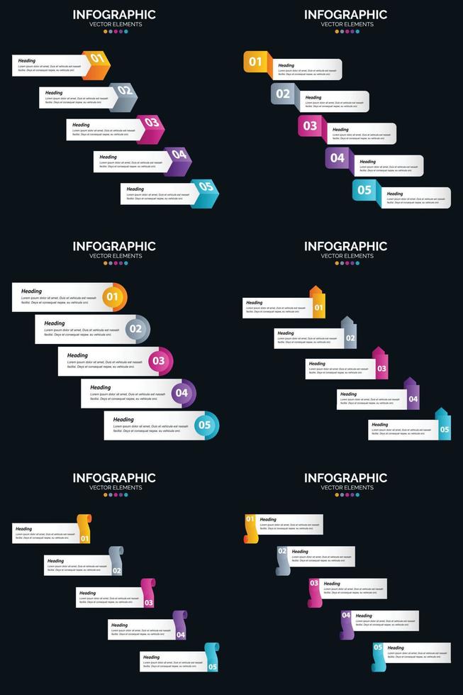 Vektor 6 Infografiken Pack Präsentationsfolie Vorlage 5 Schritte Zyklusdiagramme und Zeitleisten