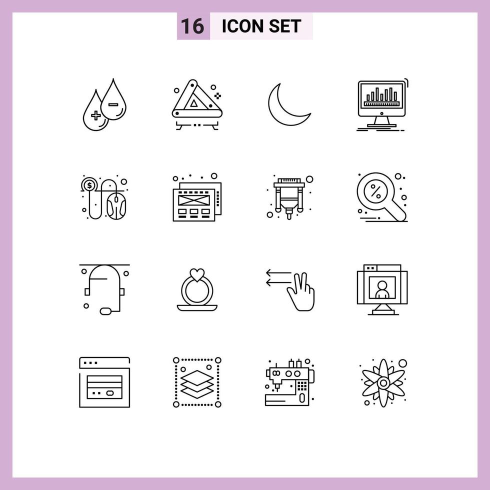 Satz von 16 Vektorumrissen auf Raster für Statistik-Dashboard-Zeichen, die natürliche editierbare Vektordesign-Elemente verarbeiten vektor