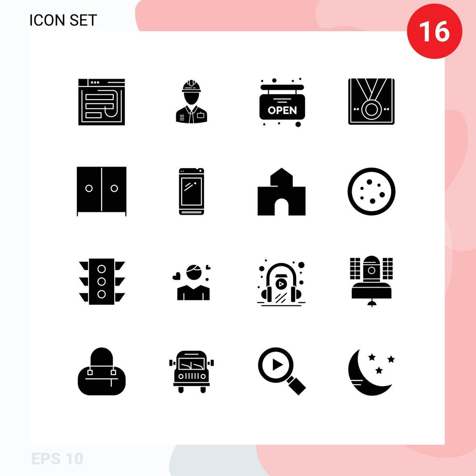 Gruppe von 16 soliden Glyphenzeichen und Symbolen für Medaillen-Supermarktindustrie Open Labour editierbare Vektordesign-Elemente vektor
