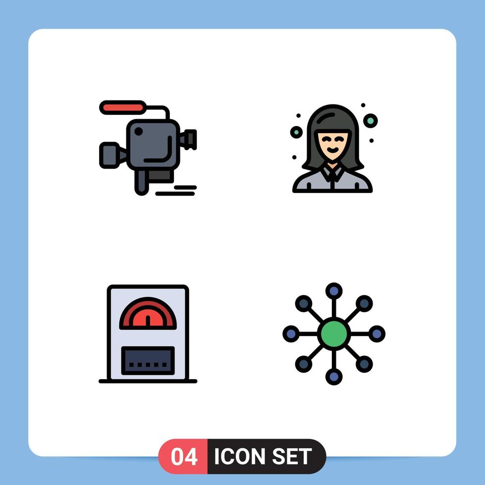 Piktogrammsatz von 4 einfachen gefüllten flachen Farben der Kameraheizung Filmkamera Studentennetzwerk editierbare Vektordesign-Elemente vektor