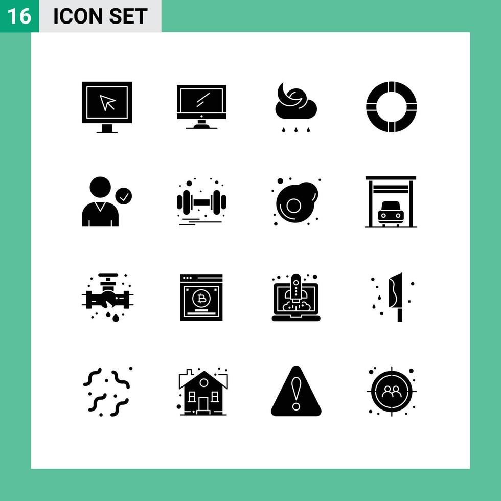 solides Glyphenpaket mit 16 universellen Symbolen vollständiger Rettungsring-PC-Lebenswetter-bearbeitbare Vektordesign-Elemente vektor