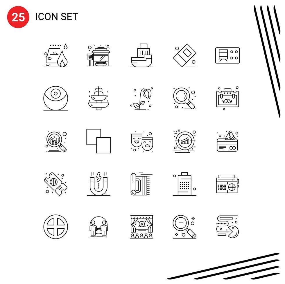 Gruppe von 25 Zeilen Zeichen und Symbolen für Transport, Eisenbahn, Logistik, stationäre Bildung, editierbare Vektordesign-Elemente vektor