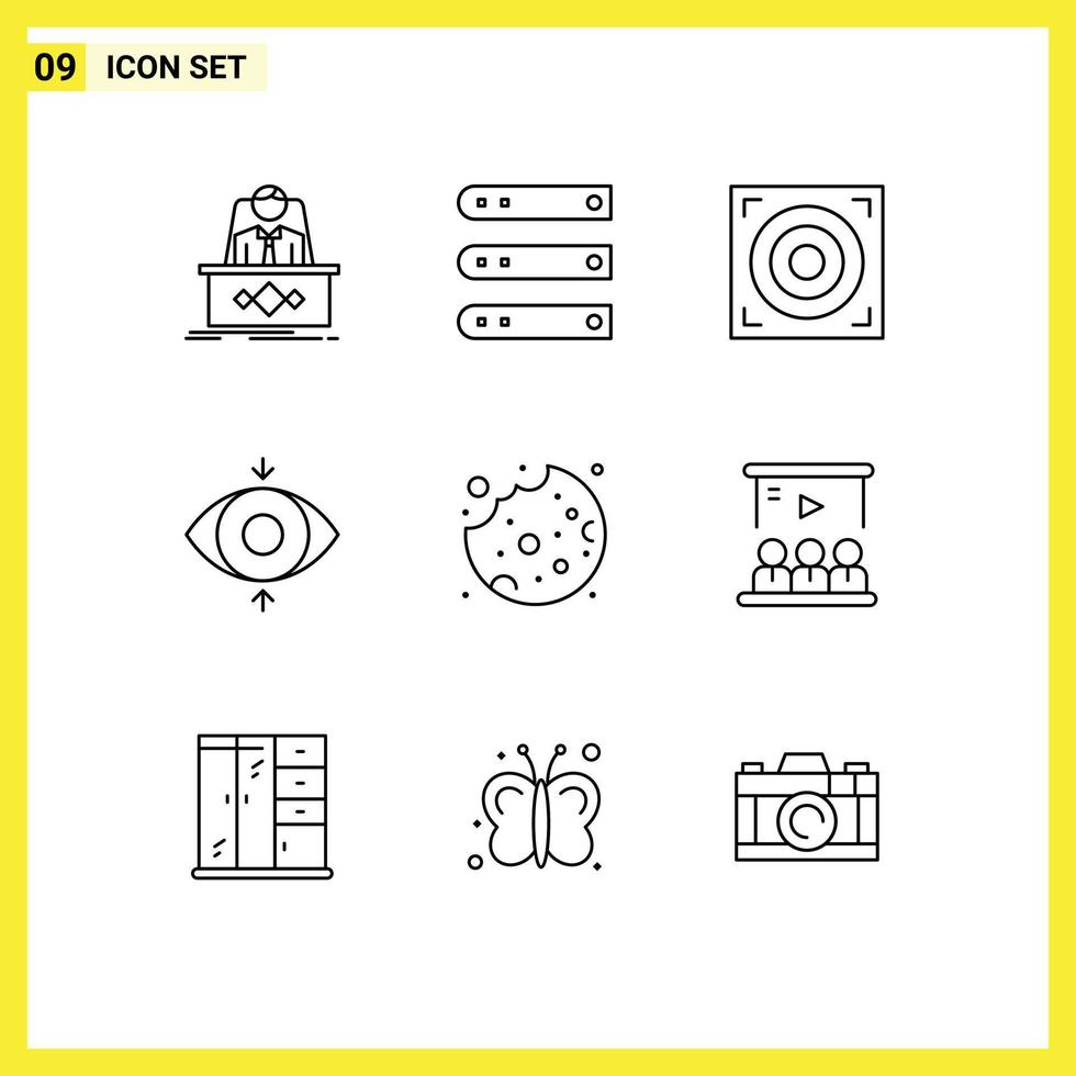 moderner Satz von 9 umreißt Piktogramm von Cookie-Ansicht-Netzwerk-Fokus-Web-editierbaren Vektordesign-Elementen vektor
