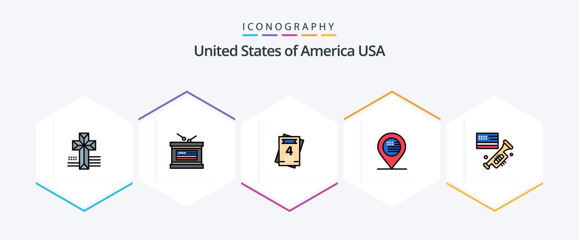 USA 25 fylld linje ikon packa Inklusive amerikansk. högtalare. kärlek. flagga. Karta vektor