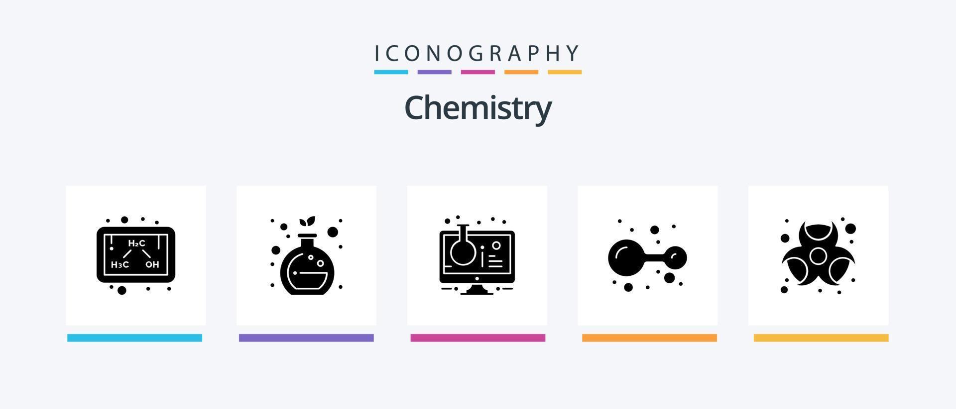 kemi glyf 5 ikon packa Inklusive biologisk fara. labb. uppkopplad experimentera. molekyl. atomer. kreativ ikoner design vektor