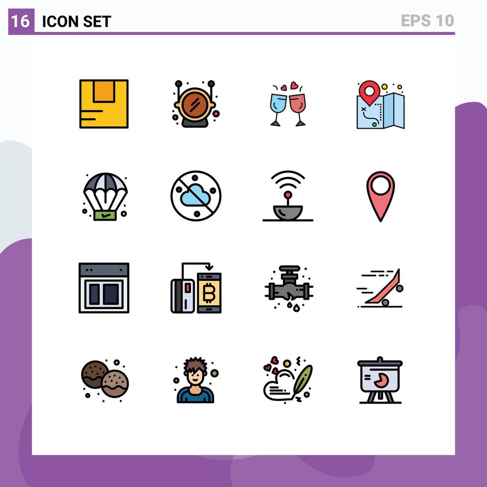 satz von 16 kommerziellen flachen farbgefüllten linienpaketen für wolkenlose prozessliebe kreative standorte editierbare kreative vektordesignelemente vektor