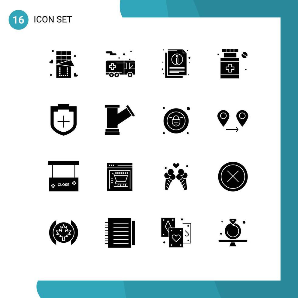 16 solides Glyphen-Konzept für mobile Websites und Apps-Sicherheit fügen Sie bearbeitbare Vektordesign-Elemente für das medizinische Gesundheitswesen hinzu vektor