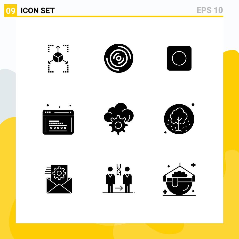 mobil gränssnitt fast glyf uppsättning av 9 piktogram av redskap webb säkerhet app webb utveckling redigerbar vektor design element