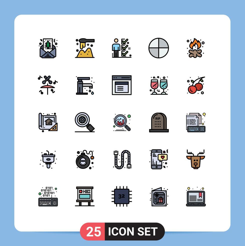 moderner Satz von 25 gefüllten flachen Farben Piktogramm von Lagerfeuer Tablet Checkliste Pille Mann editierbare Vektordesign-Elemente vektor