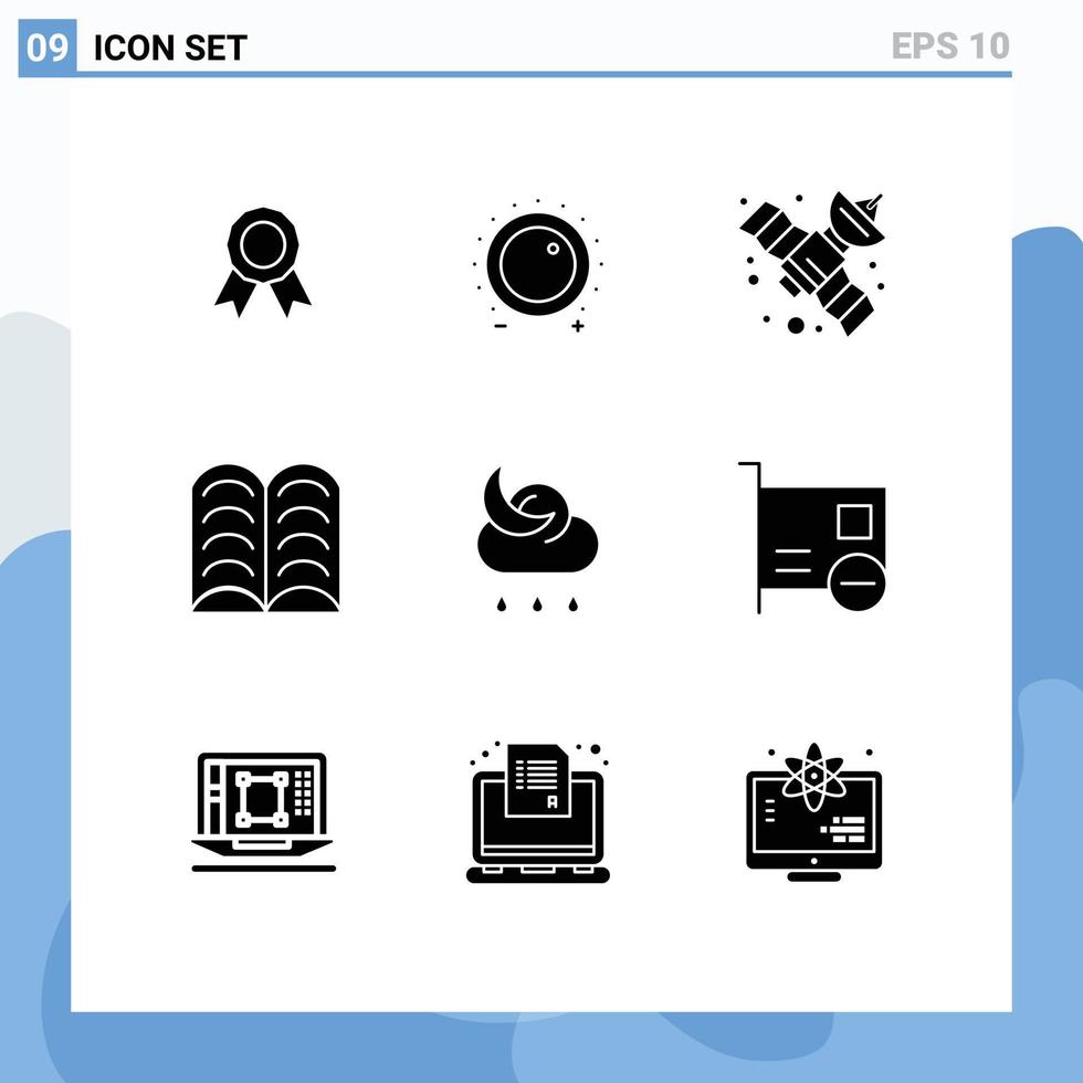 Gruppe von 9 soliden Glyphen Zeichen und Symbolen für Nachtvorhersage Sound lernen Buch editierbare Vektordesign-Elemente vektor