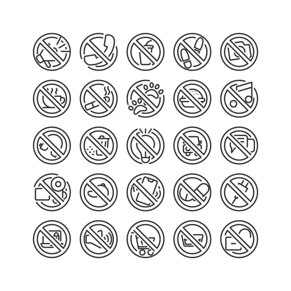 Verbotszeichen Umriss Icon Set. Vektor und Illustration.