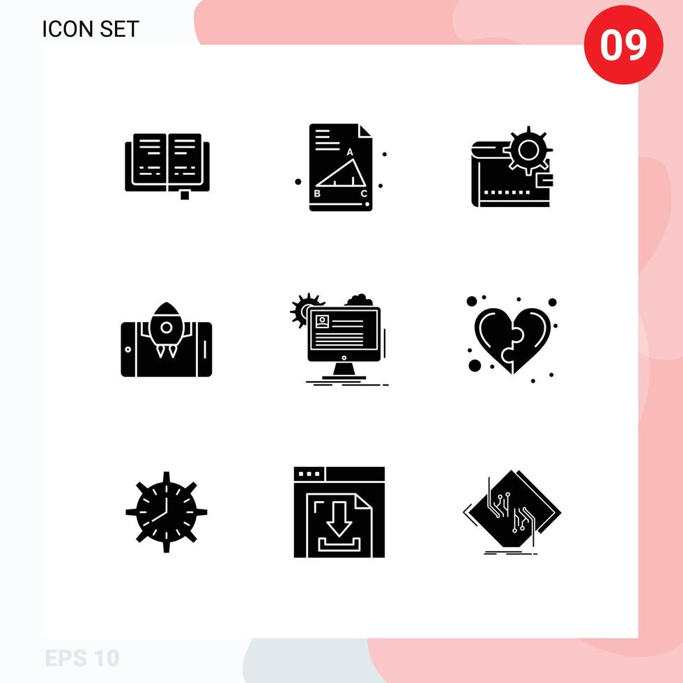 redigerbar vektor linje packa av 9 enkel fast glyfer av konto raket finansiera mobil framställning redigerbar vektor design element