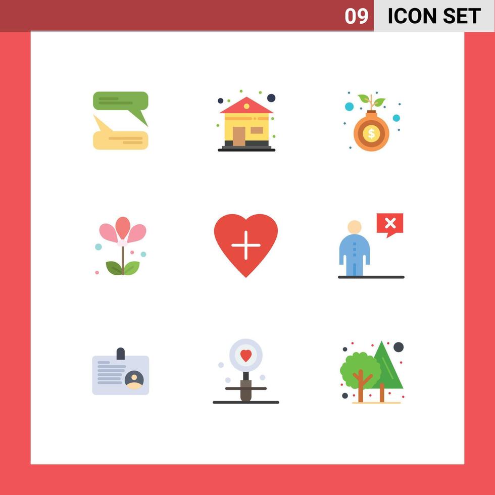 uppsättning av 9 kommersiell platt färger packa för företag hjärta form pengar hjärta natur redigerbar vektor design element