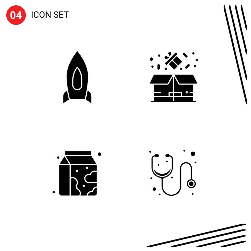 Packung mit 4 kreativen soliden Glyphen von Raketenfrühstück Startpaket Milch editierbare Vektordesign-Elemente vektor