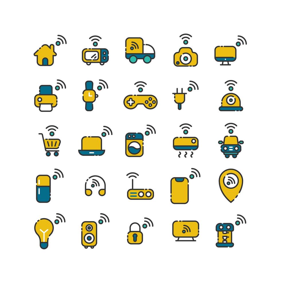 Internet der Dinge gefüllt Gliederung Icon Set. Vektor und Illustration.