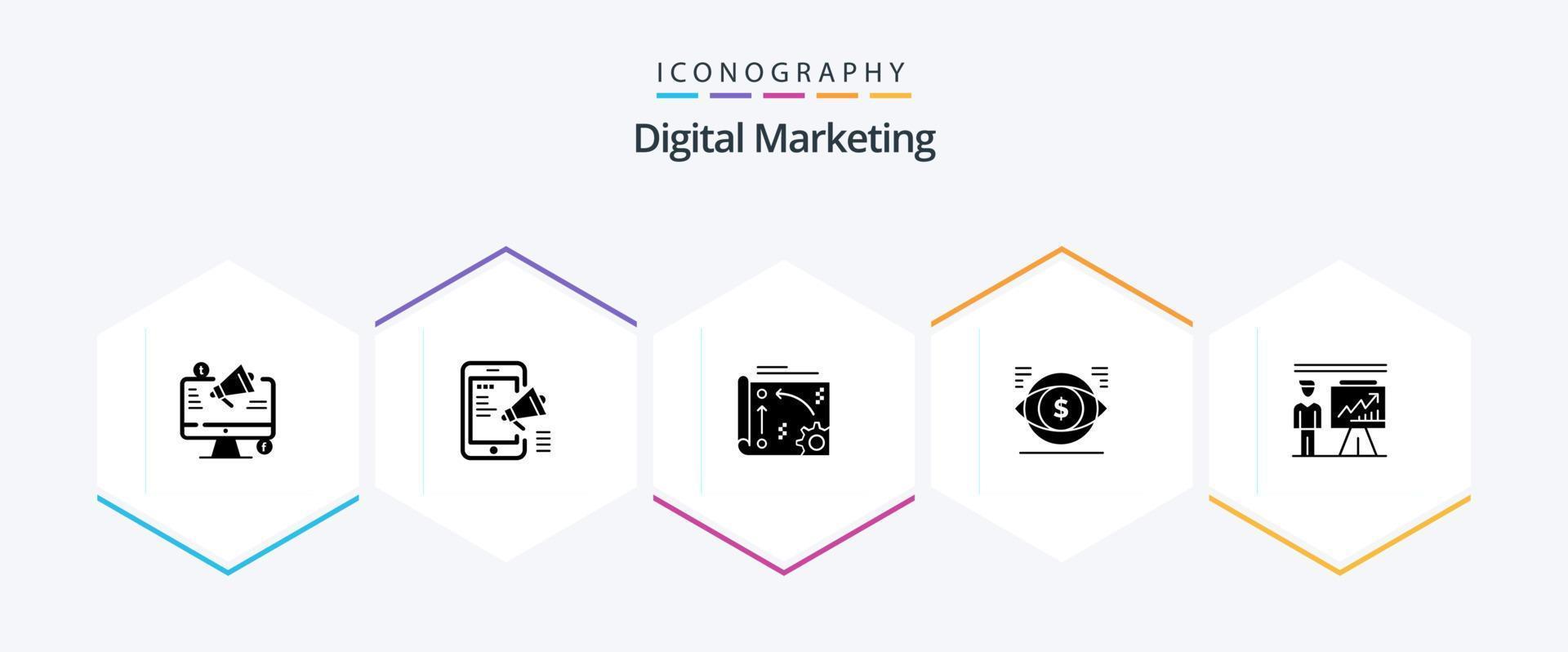 digital marknadsföring 25 glyf ikon packa Inklusive pengar. öga. mobil. api. miljö vektor