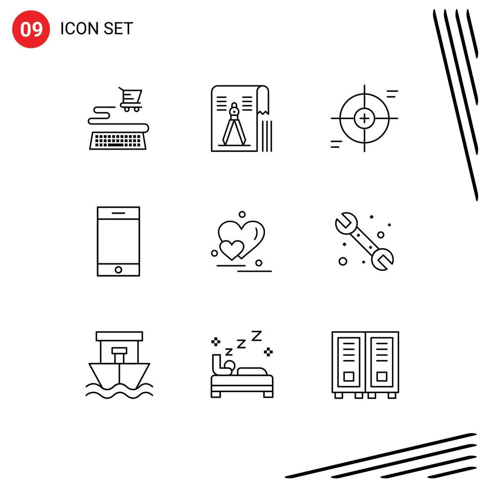 uppsättning av 9 modern ui ikoner symboler tecken för kärlek smartphone hårkors iphone mål redigerbar vektor design element