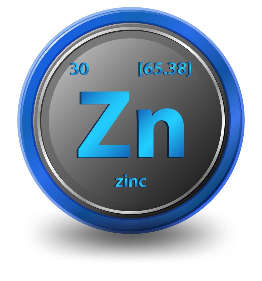 zink kemiskt element. kemisk symbol med atomnummer och atommassa. vektor