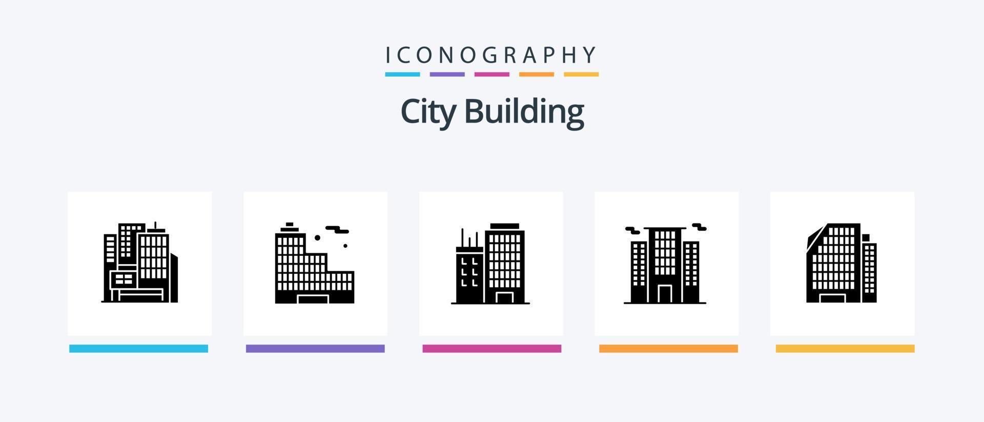 City Building Glyph 5 Icon Pack inklusive . Gebäude. Büro. Wohnung. Platz. kreatives Symboldesign vektor