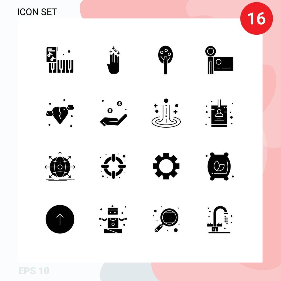 moderner satz von 16 soliden glyphen und symbolen wie herzbruch sommer videokamera handycam editierbare vektordesignelemente vektor