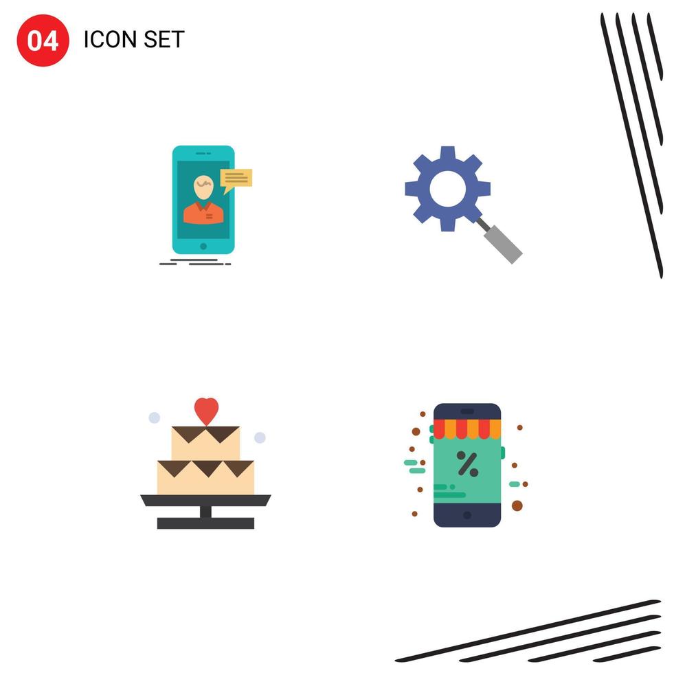 flaches Icon-Set für mobile Schnittstellen mit 4 Piktogrammen von bearbeitbaren Vektordesign-Elementen für mobile Forschungsliebhaber von Chat-Kuchen vektor
