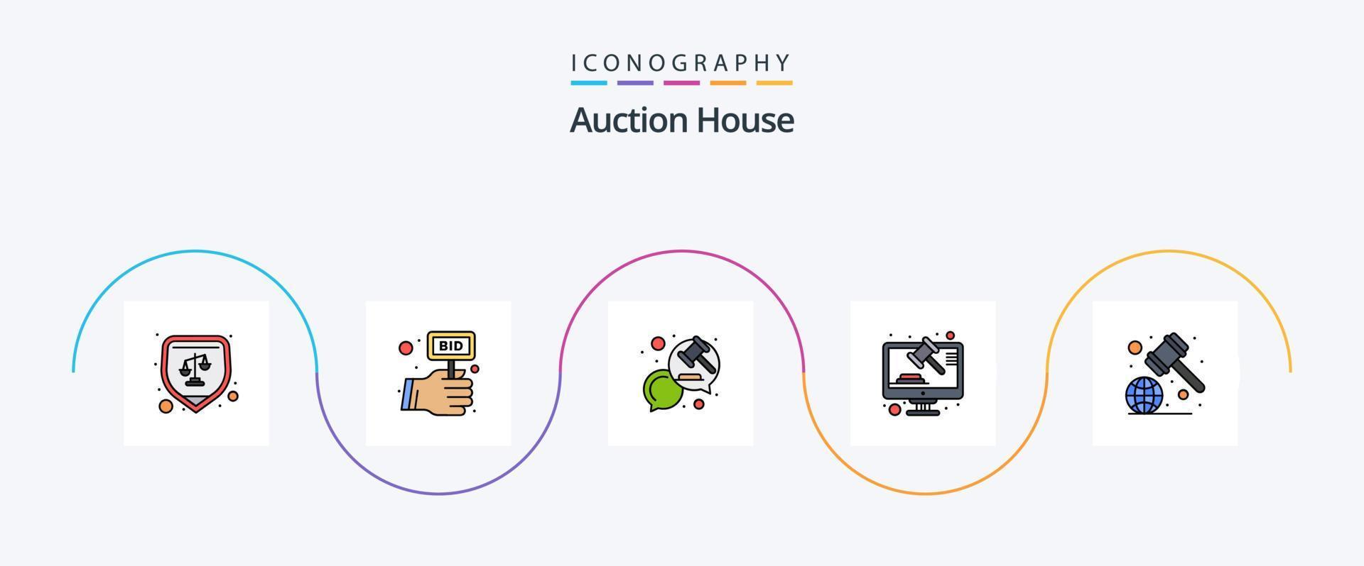 Auktionslinie gefüllt Flat 5 Icon Pack inklusive Gesetze. online. Plaudern. Gesetz. Hammer vektor