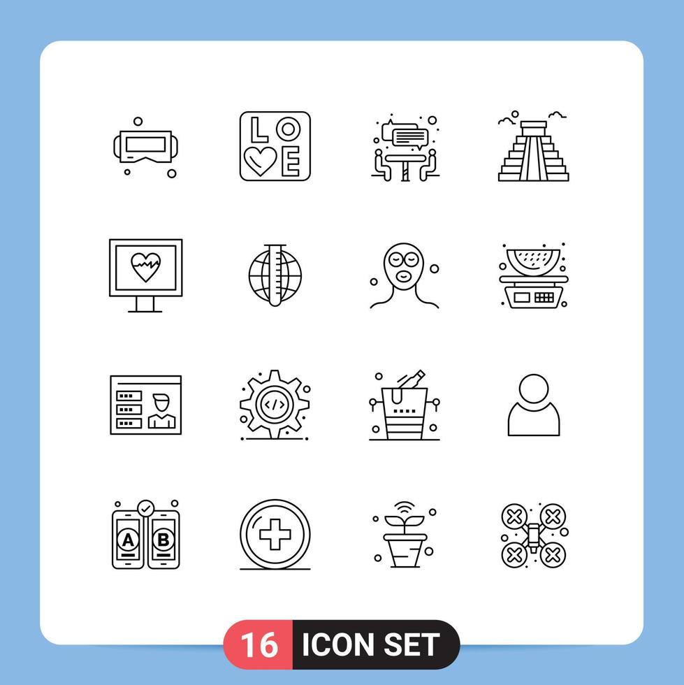 universelle Symbolsymbole Gruppe von 16 modernen Umrissen von Pulsherzinterview usa Wahrzeichen editierbare Vektordesign-Elemente vektor