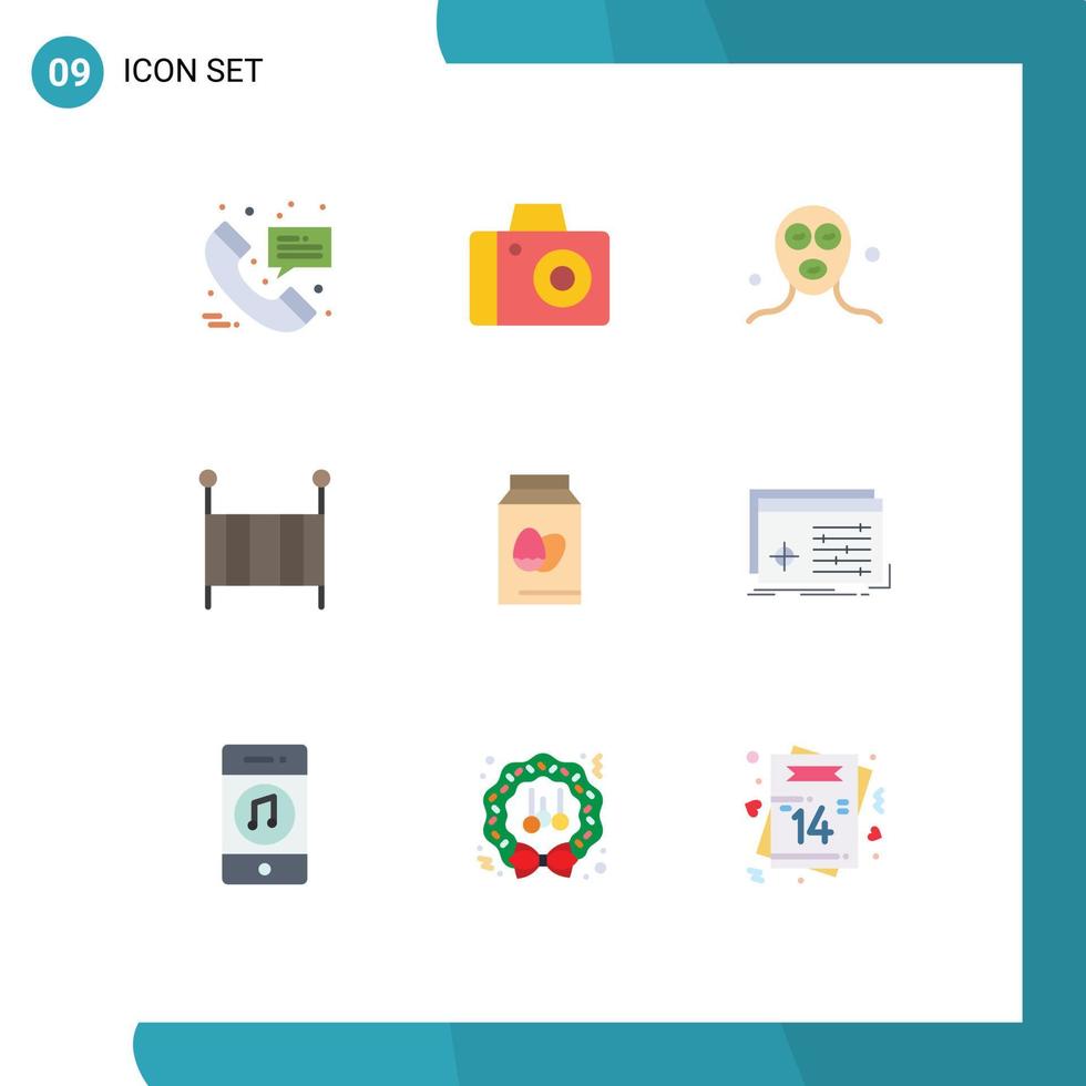 flacher farbsatz der mobilen schnittstelle von 9 piktogrammen von ostereikosmetikkrippenkind editierbaren vektordesignelementen vektor